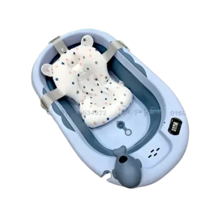 Foldable Baby Bathtub with Temperature Meter & Cushion – Blue