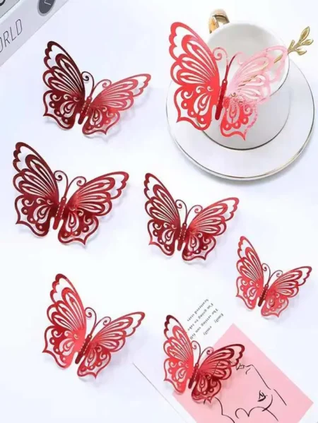 Gold Foil Red Paper 3D Butterfly Decoration For Party - 12pcs